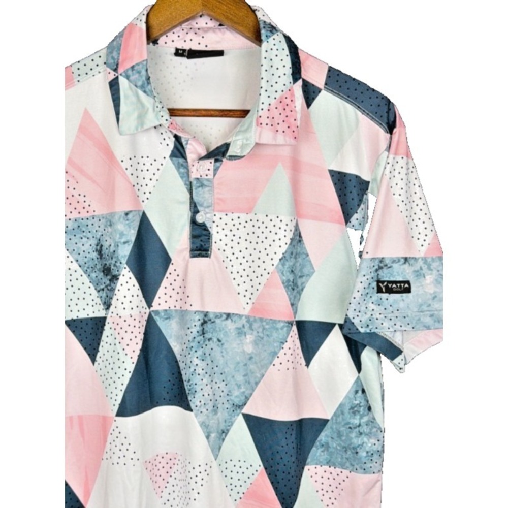 Yatta Golf Shirt Mens Medium Pink Teal Geometric Triangles Performance Polo‎